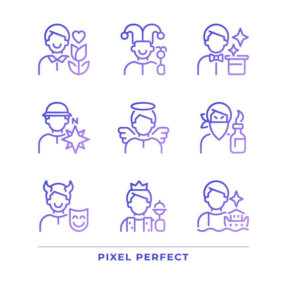 Personalities pixel perfect gradient linear vector icons set. Psychoanalytic theory. Archetypes. Psychology. Thin line contour symbol designs bundle. Isolated outline illustrations collection