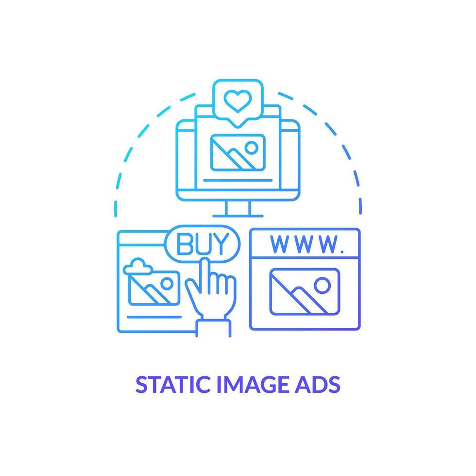 Static image ads blue gradient concept icon. Posting photos of product. Type of social media promo abstract idea thin line illustration. Isolated outline drawing vector