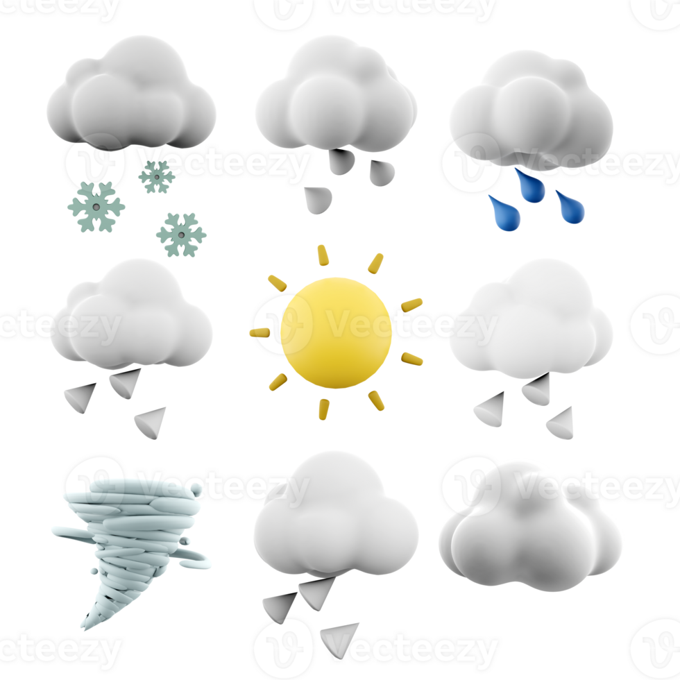 3d rendering snow, hail, rain, sun and rays, cyclone, cloud icon set. 3d render weather concept icon set. png