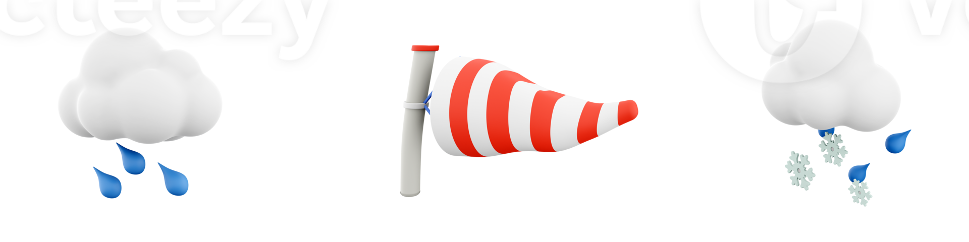 3d rendering windsock, rain and cloud, rain with snow icon set. 3d render weather concept icon set. png