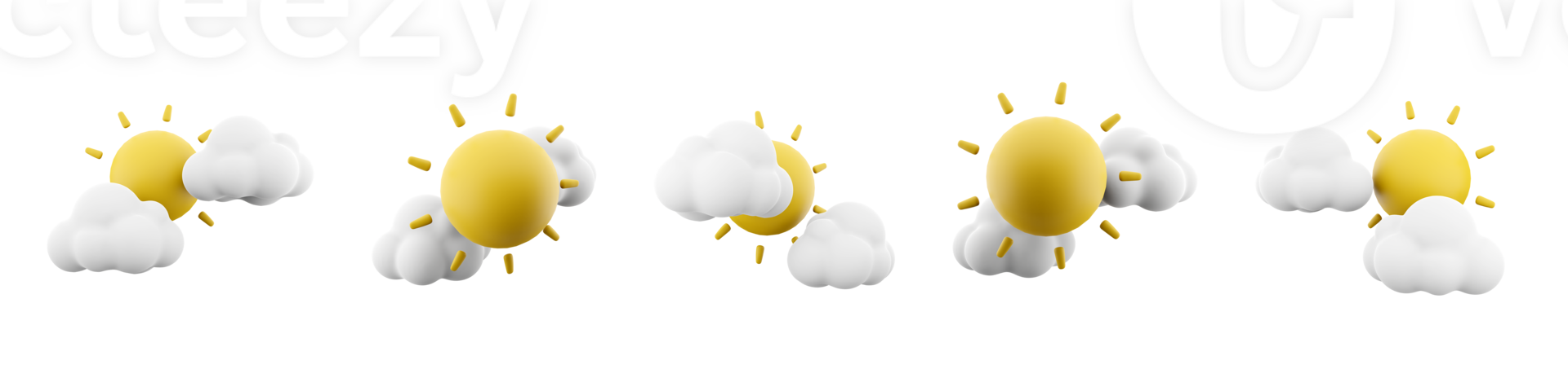 3d rendering two clouds and sun icon set. 3d render cloudscape concept of weather different positions icon set. png