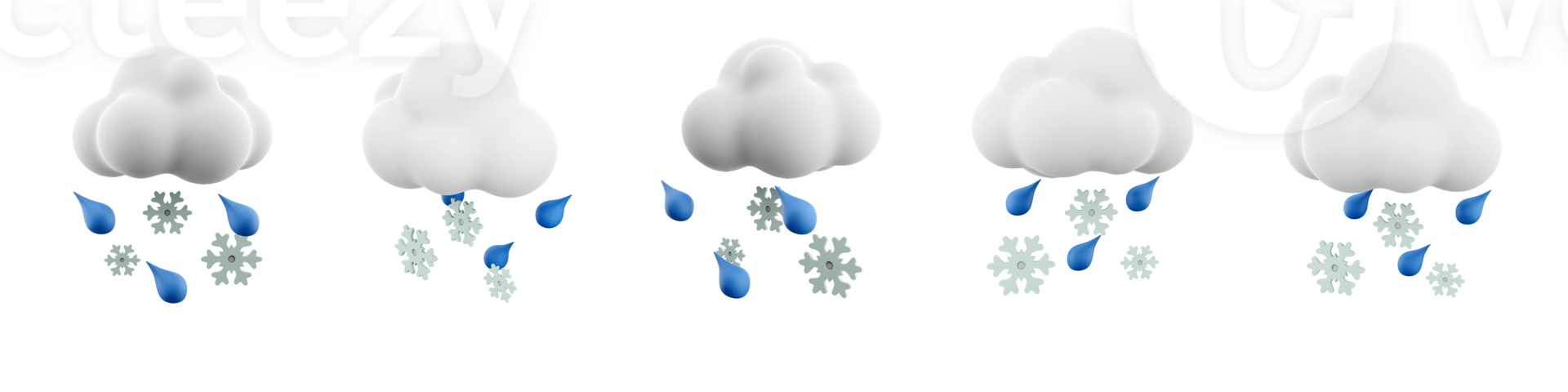 3d rendering snow with rain icon set. 3d render white cloud with raindrops and snowflakes different positions icon set. png