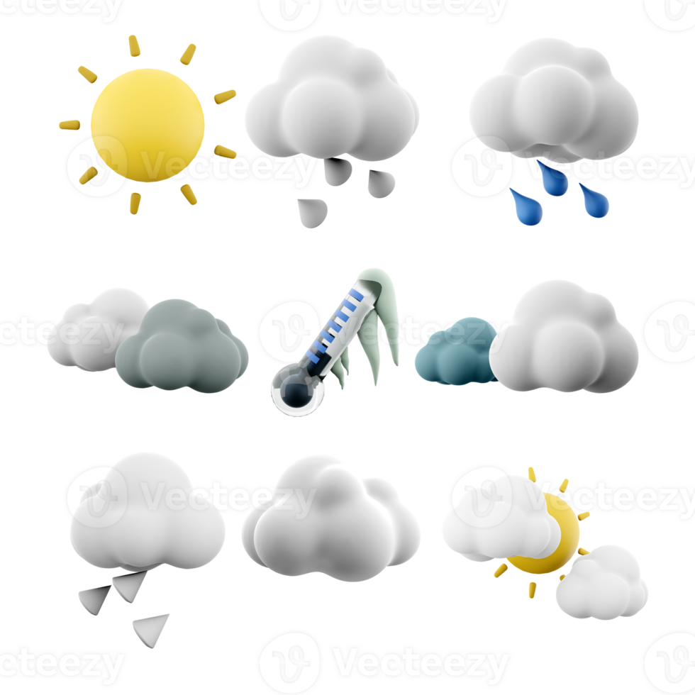 3d Rendern Sonne, Hagel, Regen, schwarz und Weiß Wolken, gefroren Thermometer, zwei Wolken und Sonne Symbol Satz. 3d machen Wetter Konzept Symbol Satz. png