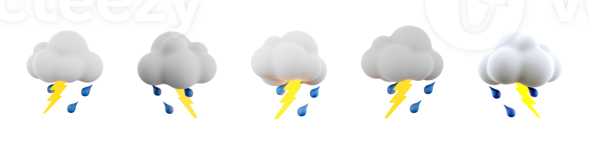 3d rendering rain and lightning icon set. 3d render rainy weather with lightning different positions icon set. png