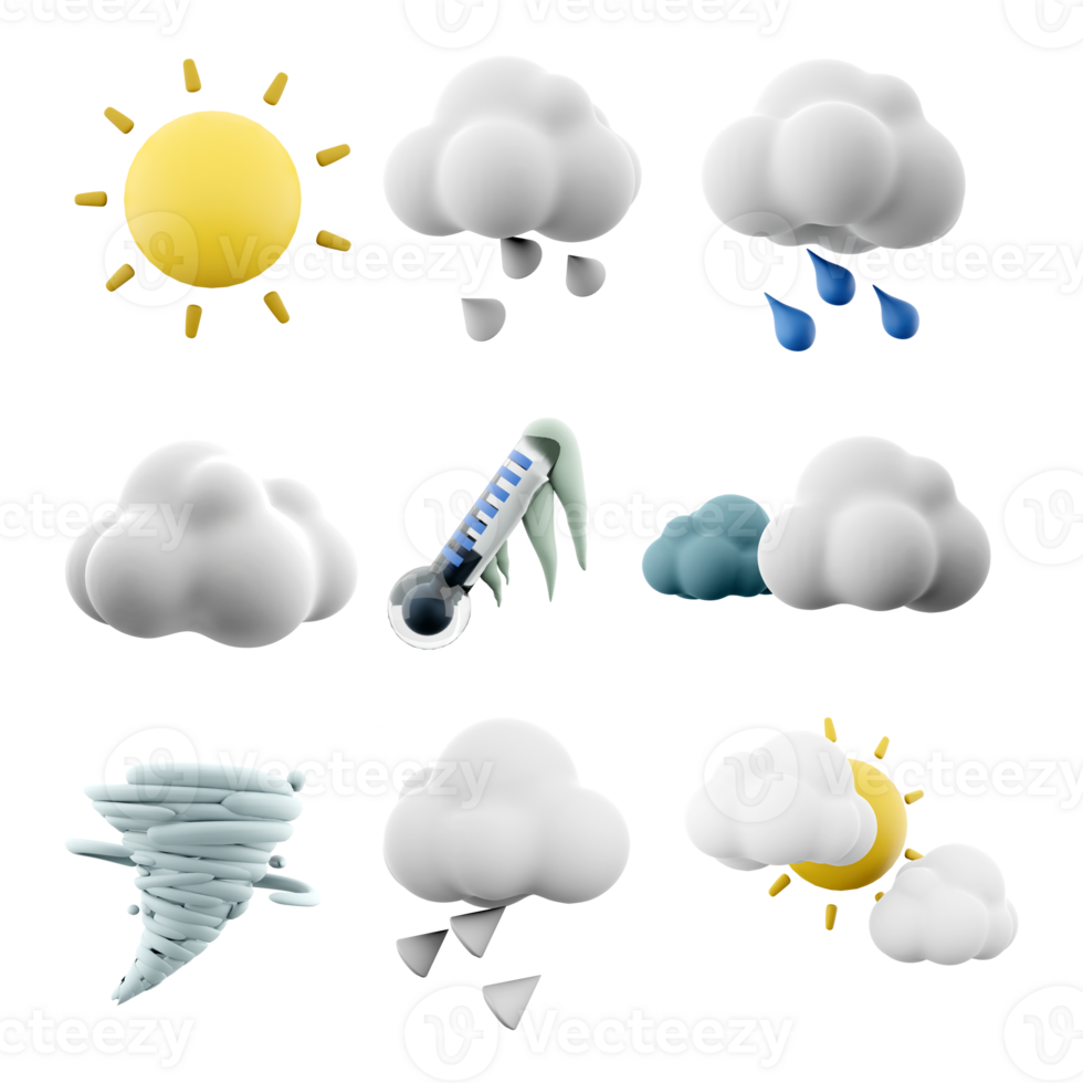 3d rendering sun with rays, hail, rain, cloud, frozen thermometer, black and white clouds, cyclone, two clouds and sun icon set. 3d render weather concept icon set. png