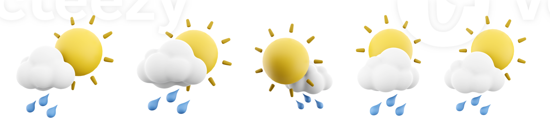 3d rendering raindrops with sun and cloud icon set. 3d render rain in sunny weather different positions icon set. png