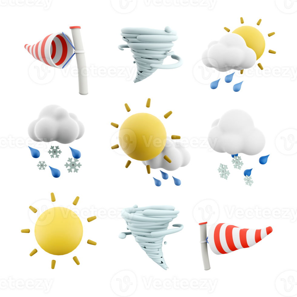 3d rendering windsock, cyclone, sun with raind and cloud, snow with rain, sun and rays icon set. 3d render weather concept icon set. png