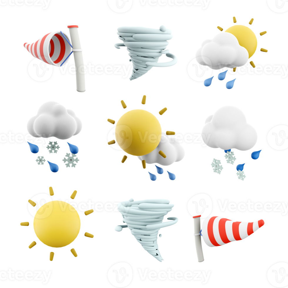 3d rendering windsock, cyclone, sun with raind and cloud, snow with rain, sun and rays icon set. 3d render weather concept icon set. png