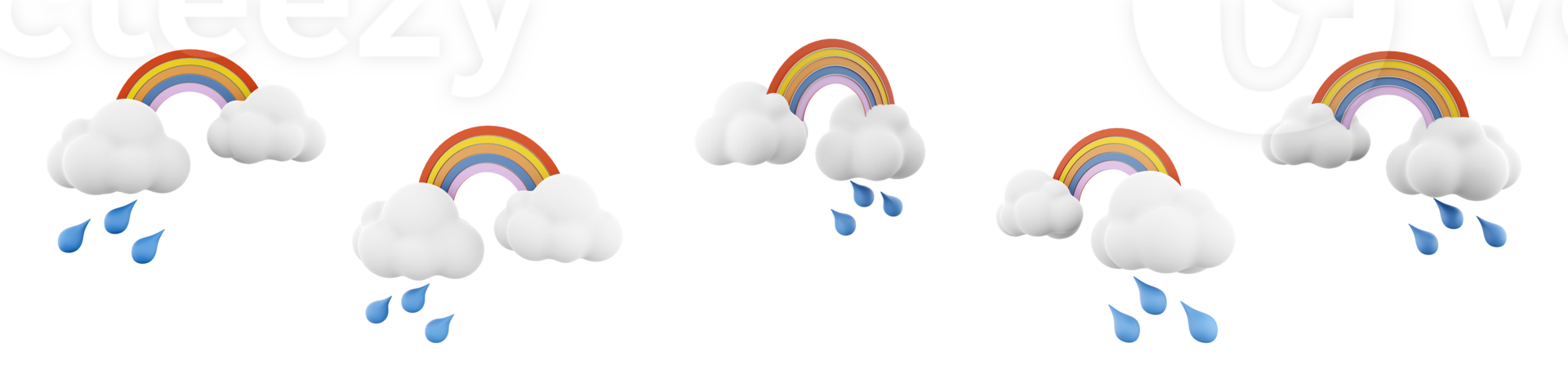 3d rendering rainbow arch of colors in the sky icon set. 3d render rain and clouds with rainbow different positions icon set. png