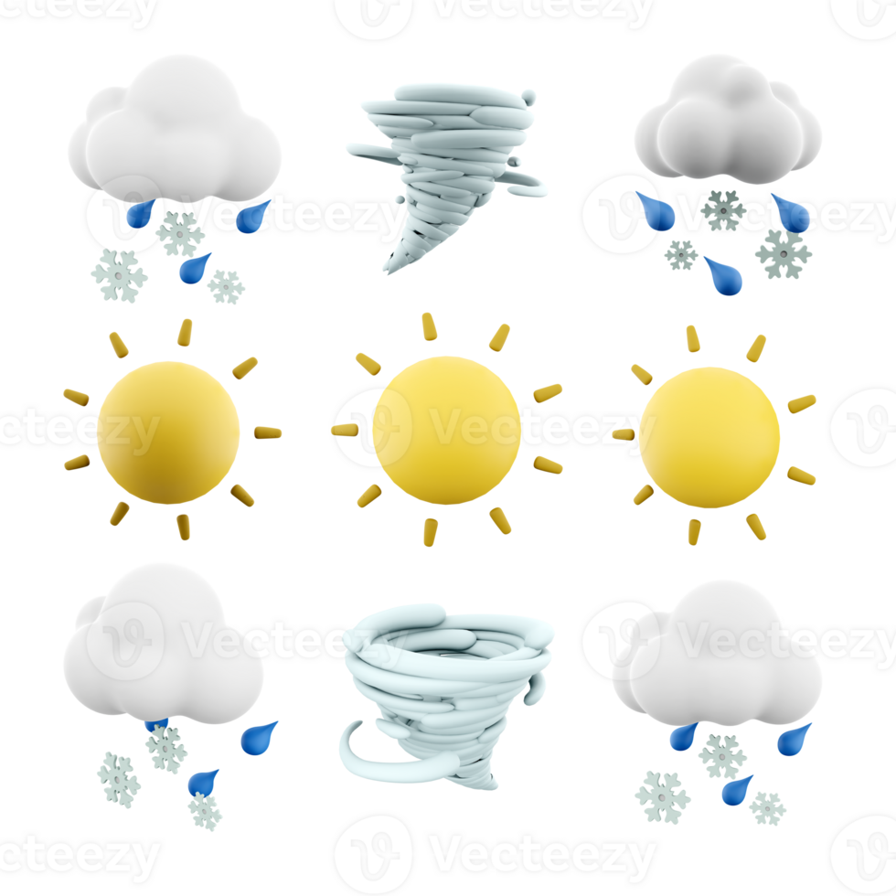 3d Rendern Sonne mit Strahlen, Zyklon, Schnee mit Regen und Wolke Symbol Satz. 3d machen Wetter Konzept Symbol Satz. png