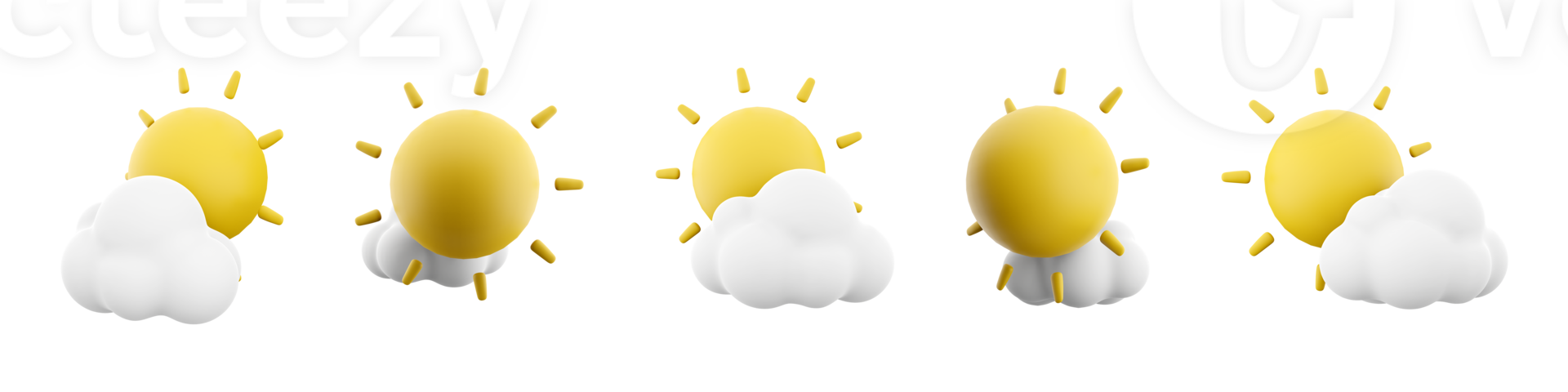 3d rendeing sun with cloud icon set. 3d render a cloud covers the sun different positions icon set. png
