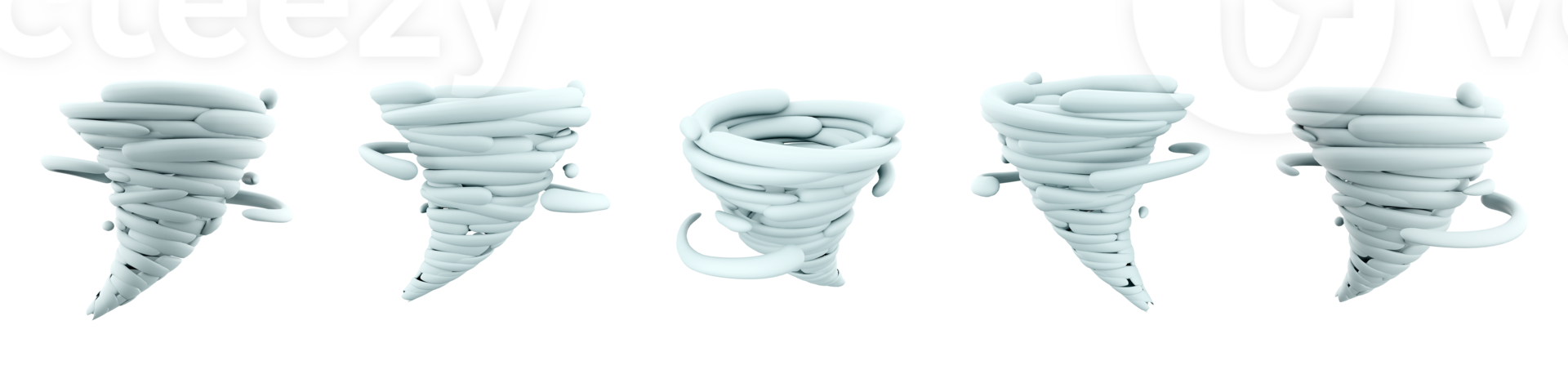 3d rendering tornado icon set. 3d render cyclone different positions icon set. png