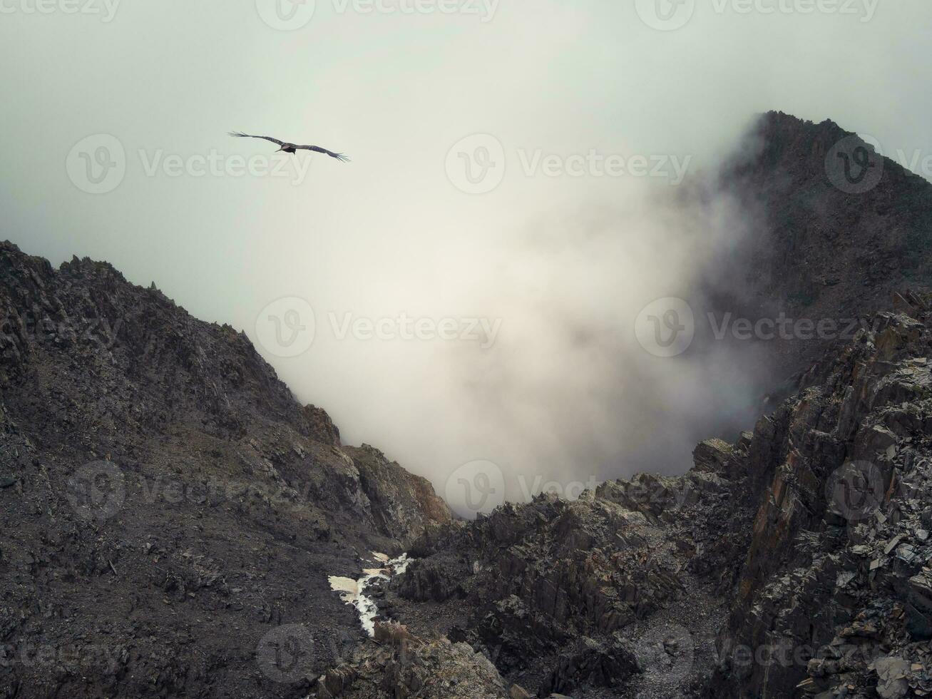 Horror mountain shadows. Dramatic fog among giant rocky mountains. Ghostly atmospheric view to big cliff. Low clouds and beautiful rockies. Minimalist scenery mysterious place. photo