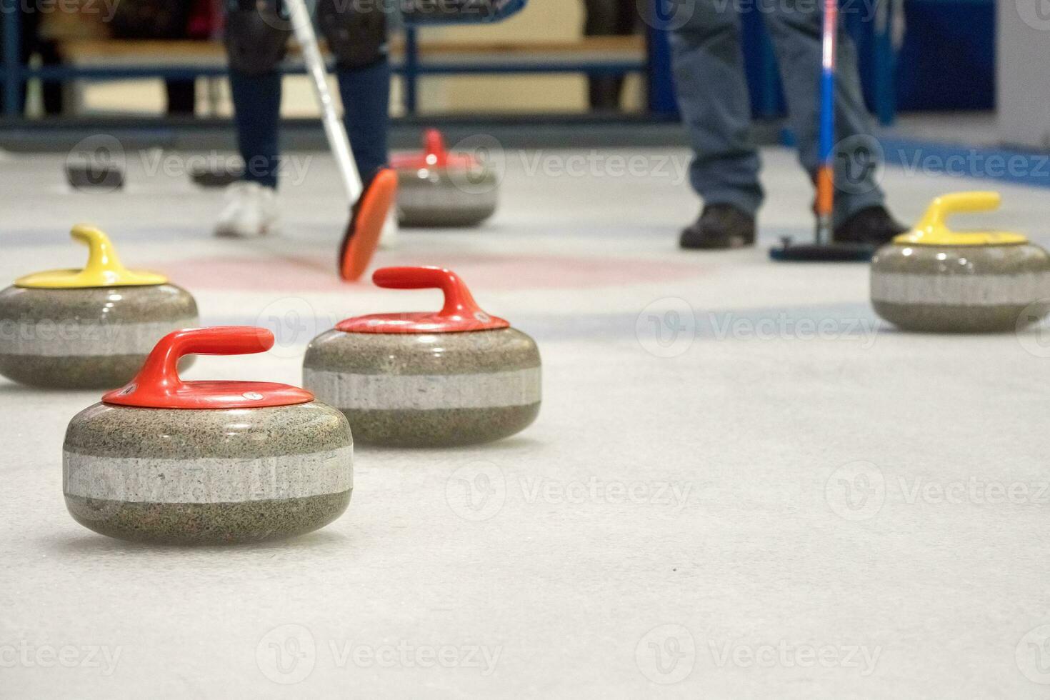 Group of stones for curlinggame in curling on ice. photo