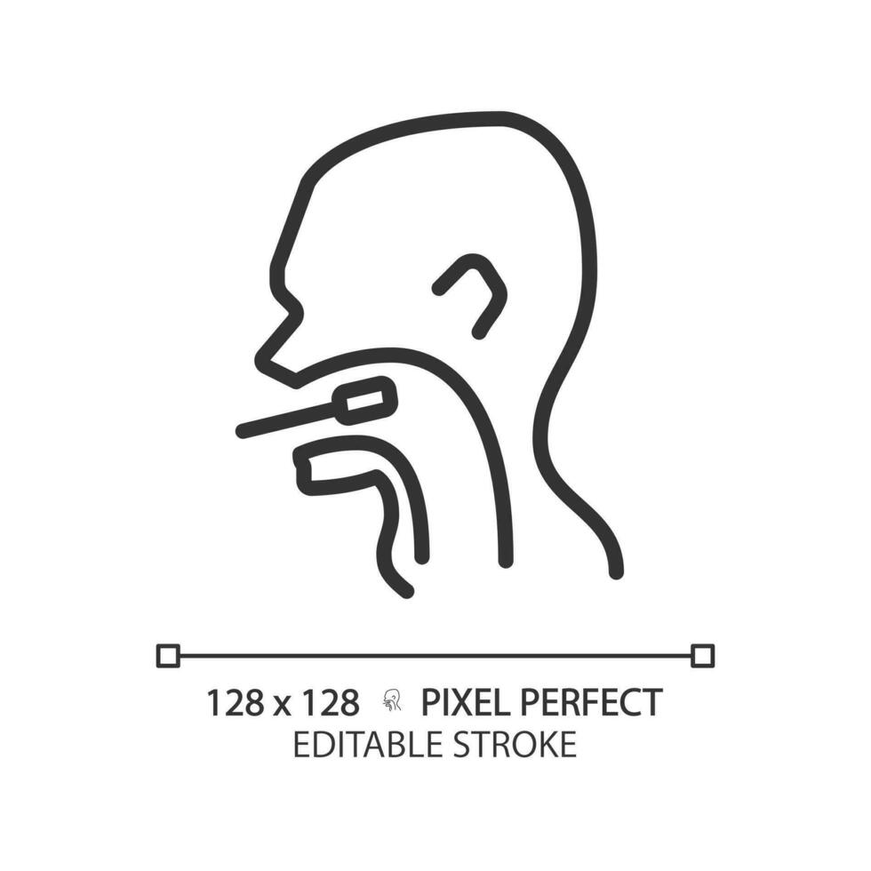 Throat exam pixel perfect linear icon. Medical checkup of patient. Taking sample for tests with probe. Thin line illustration. Contour symbol. Vector outline drawing. Editable stroke