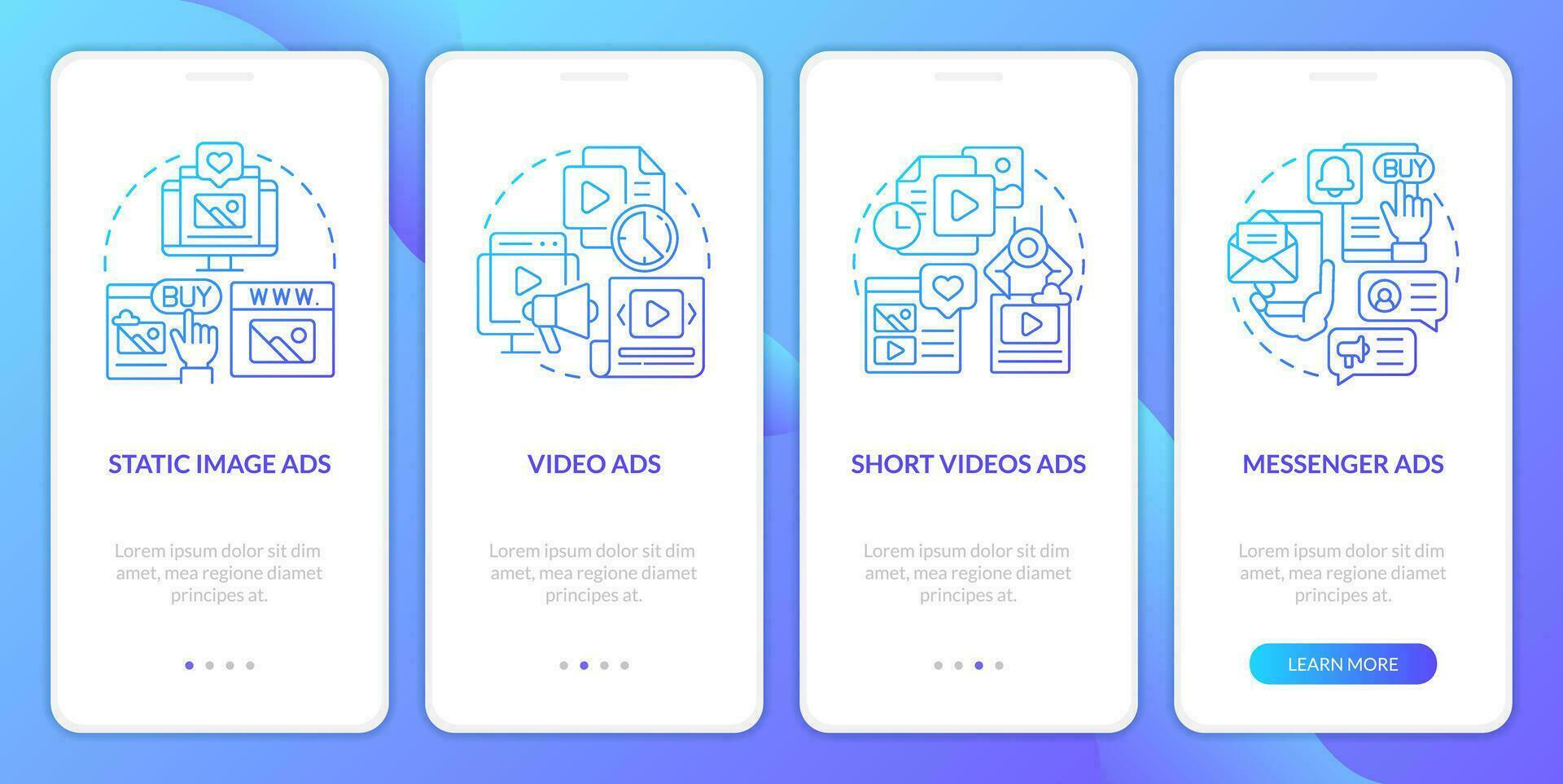 Types of social media ads blue gradient onboarding mobile app screen. Promo walkthrough 4 steps graphic instructions with linear concepts. UI, UX, GUI template vector