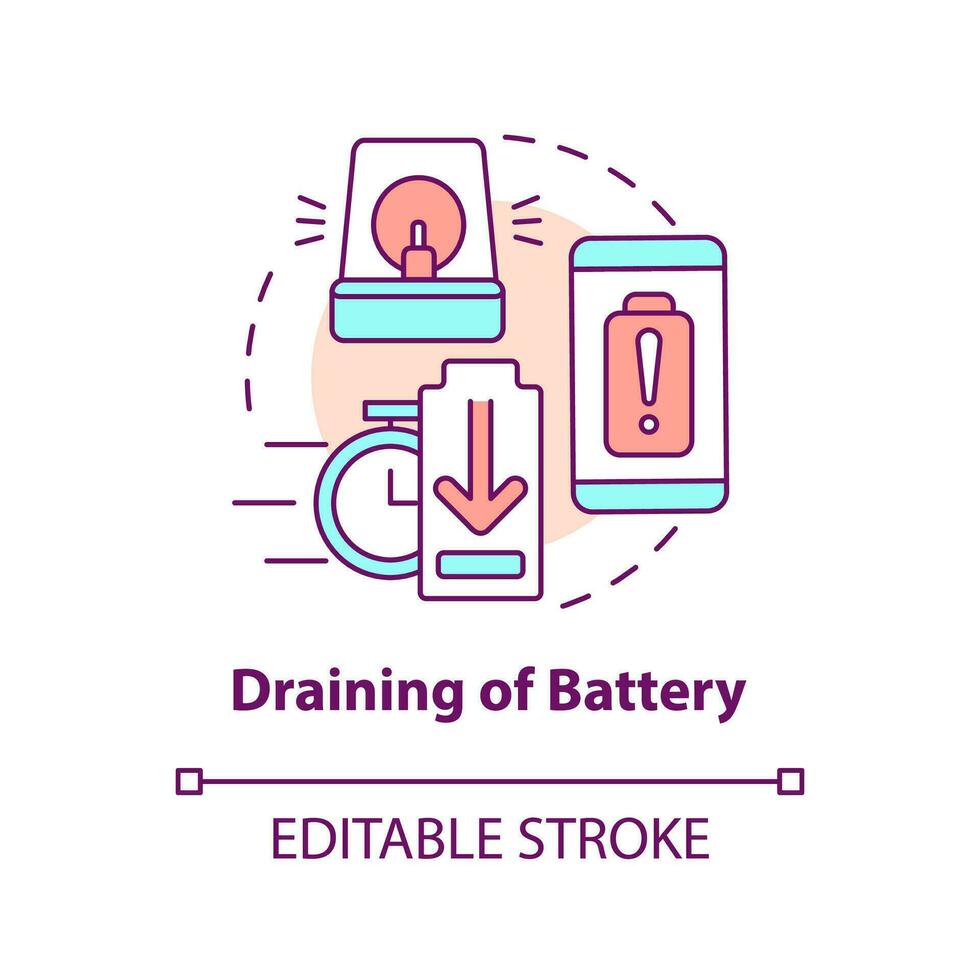 Draining of battery concept icon. Discharging phone reason. Low device energy abstract idea thin line illustration. Isolated outline drawing. Editable stroke vector