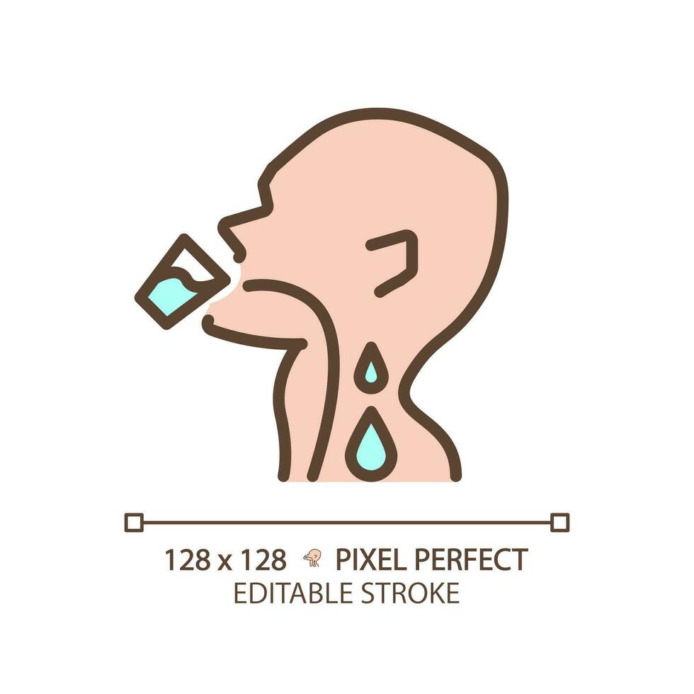 Drinking water pixel perfect RGB color icon. Liquid flowing down throat. Human body hydration. Healthcare routine. Thin line illustration. Contour symbol. Vector outline drawing. Editable stroke