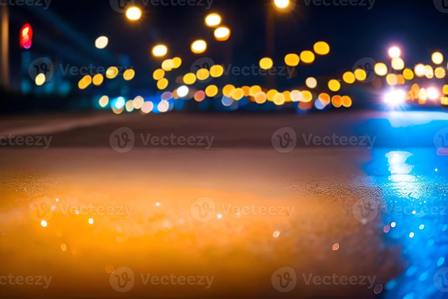 Blur or bokeh abstract lot of lighting at night city landscape background. Out of focus dreamy in the middle of the street at the road surface busy night life. photo