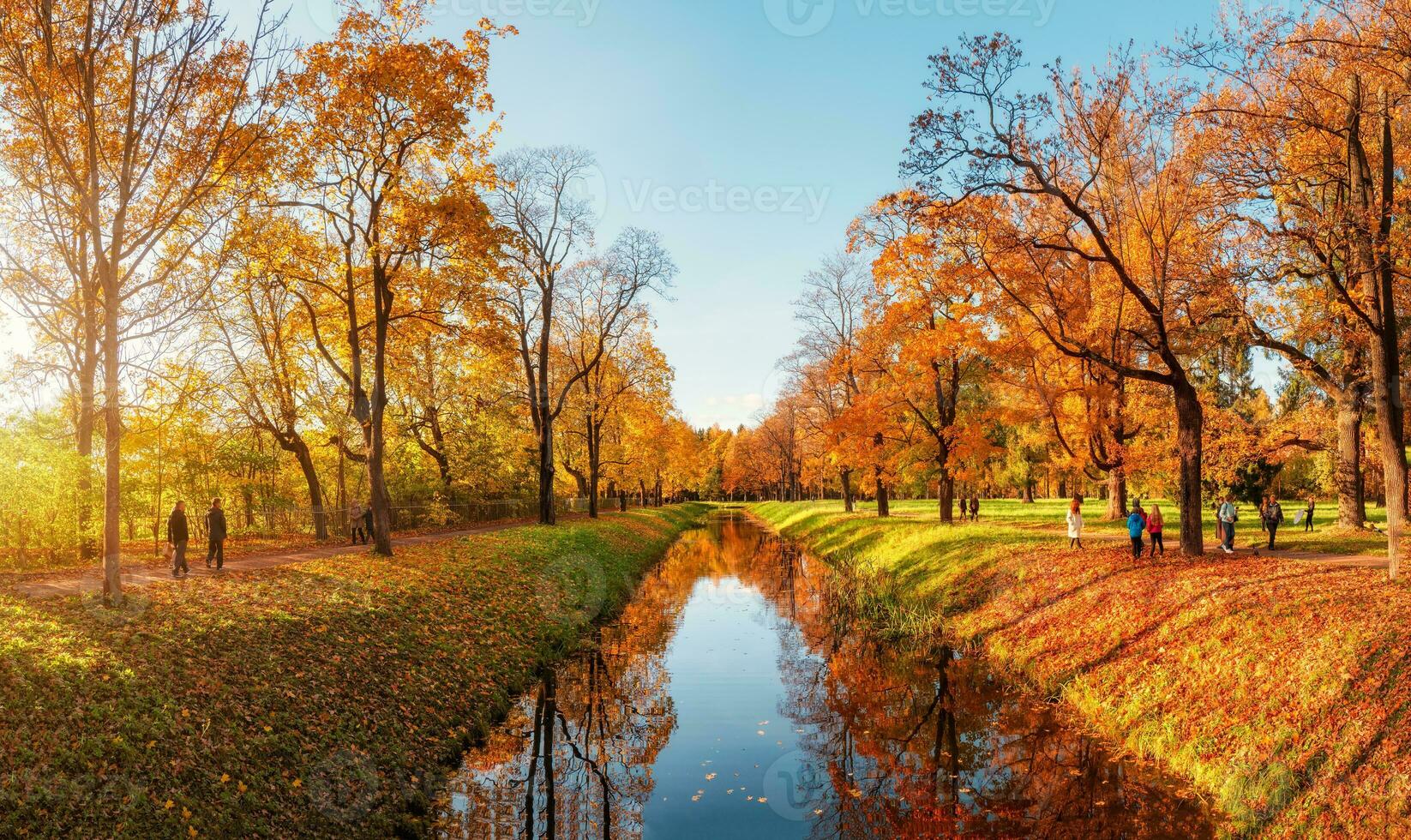 Beautiful sunny autumn day. Panorama of the autumn park with walking people. Tsarskoe selo. Russia. photo