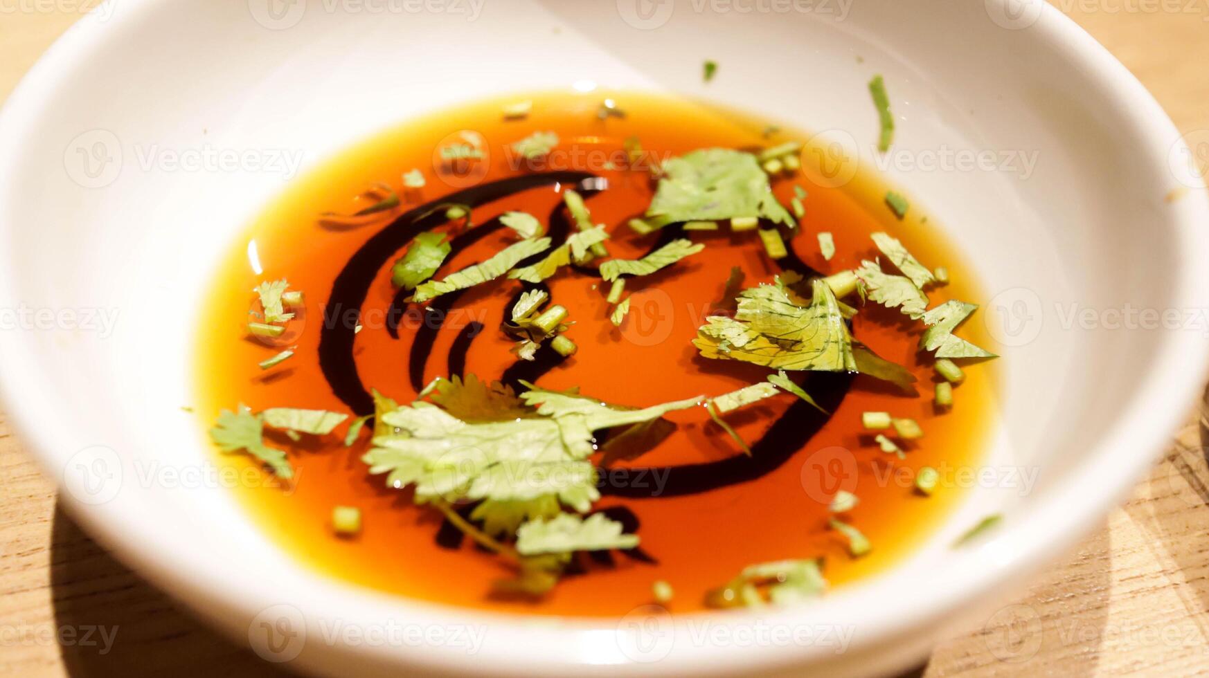 Ponzu sauce with coriander made from citrus juice of sudachi, yuzu, and