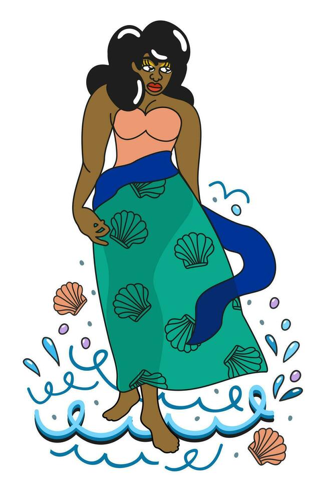 Young black woman walking in sea waves. vector