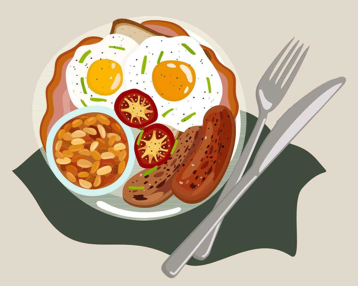 tradicional Inglés desayuno con frito huevo en un tostada, tocino, A la parrilla Tomates, salchichas, horneado frijoles servido en un lámina. vector