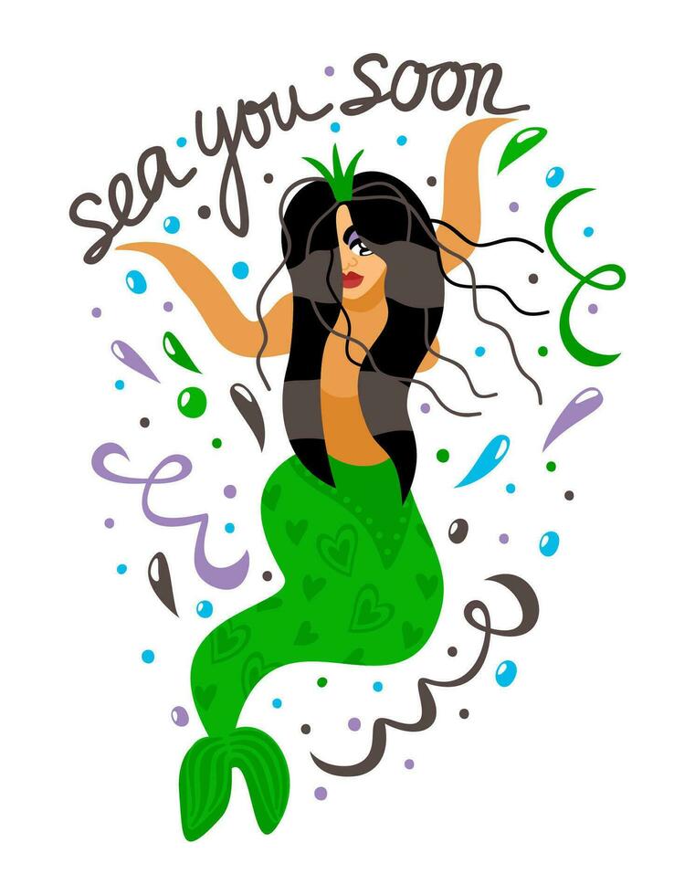 Sea you soon. Mermaid in waves and drops of water. Summer concept with lettering. vector