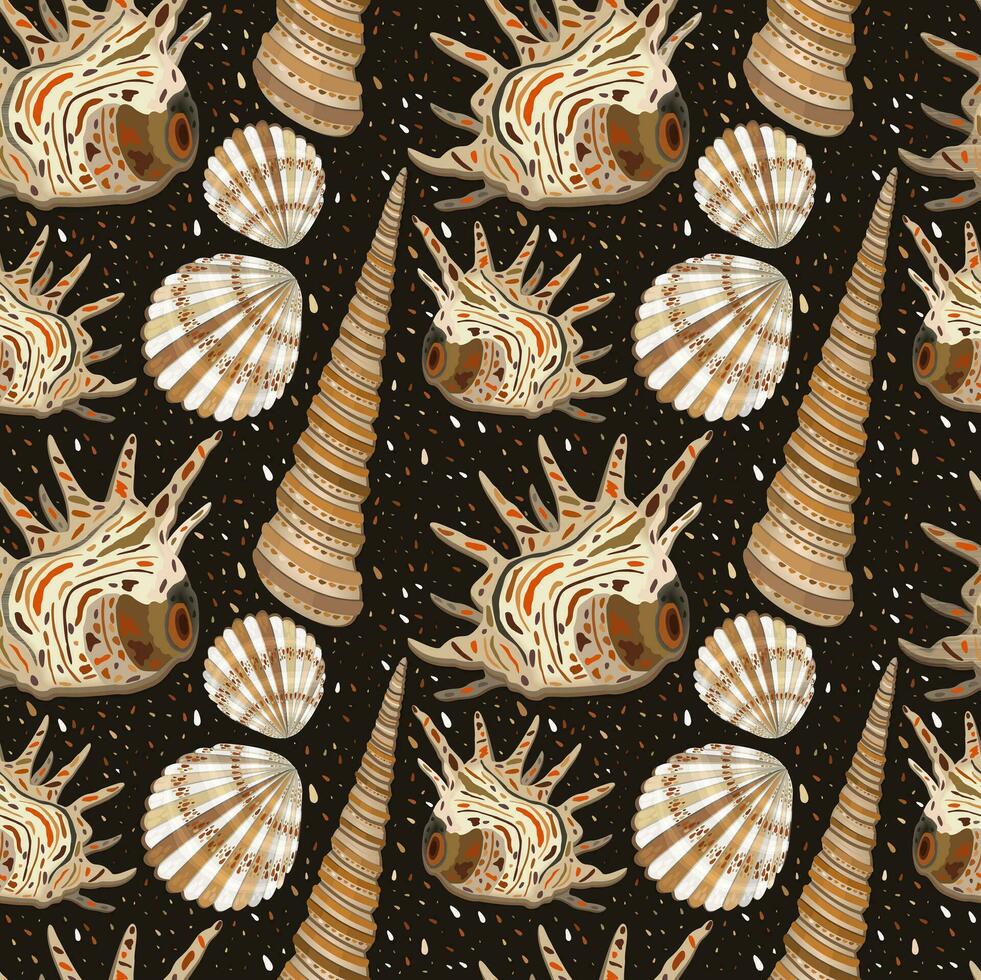 Vector sealess natural pattern with various seashells on dark brown background.