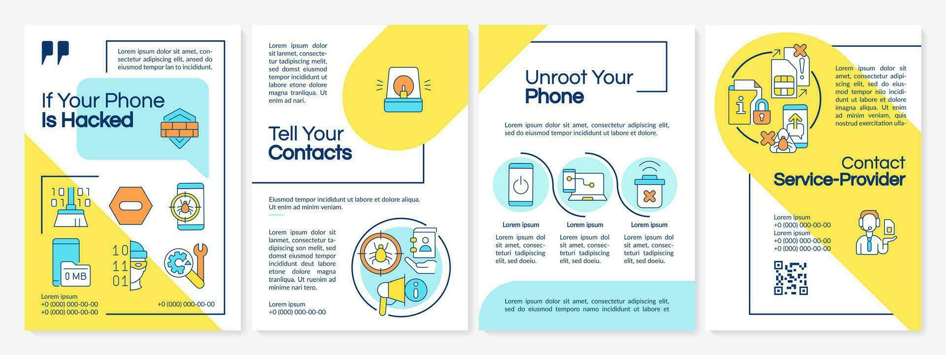 Fix hacked smartphone blue and yellow brochure template. Leaflet design with linear icons. Editable 4 vector layouts for presentation, annual reports