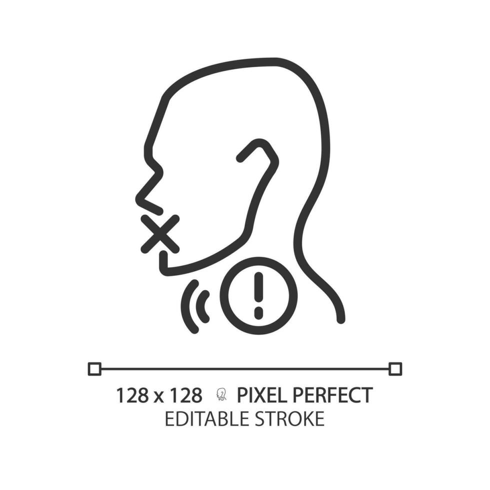 Hoarseness pixel perfect linear icon. Voice changing problem. Throat disease treatment. Medical service. Thin line illustration. Contour symbol. Vector outline drawing. Editable stroke