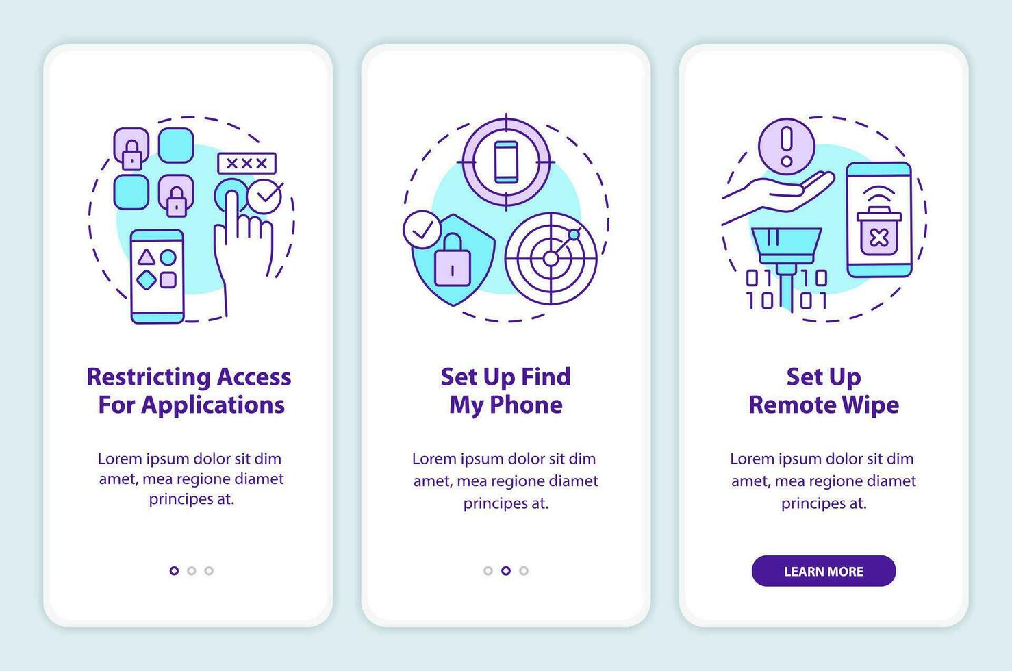 Protect mobile phone onboarding mobile app screen. Smartphone safety walkthrough 3 steps editable graphic instructions with linear concepts. UI, UX, GUI template vector