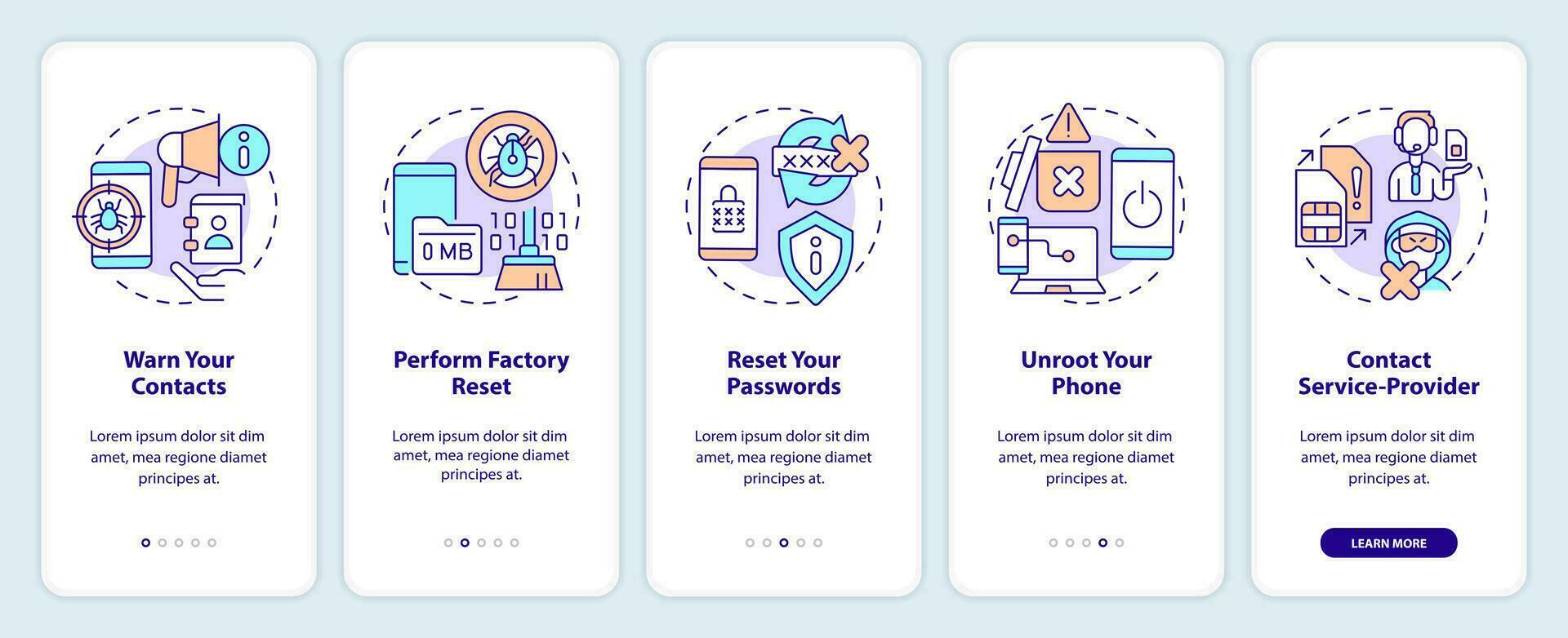 Fix hacked smartphone tips onboarding mobile app screen. Cybersecurity walkthrough 5 steps editable graphic instructions with linear concepts. UI, UX, GUI template vector