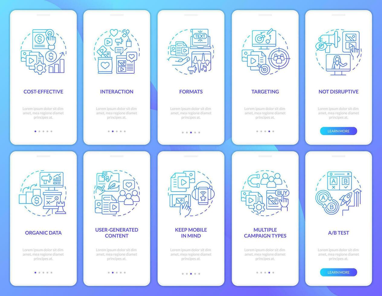 SMM benefits and tips blue gradient onboarding mobile app screens set. Walkthrough 5 steps graphic instructions with linear concepts. UI, UX, GUI template vector