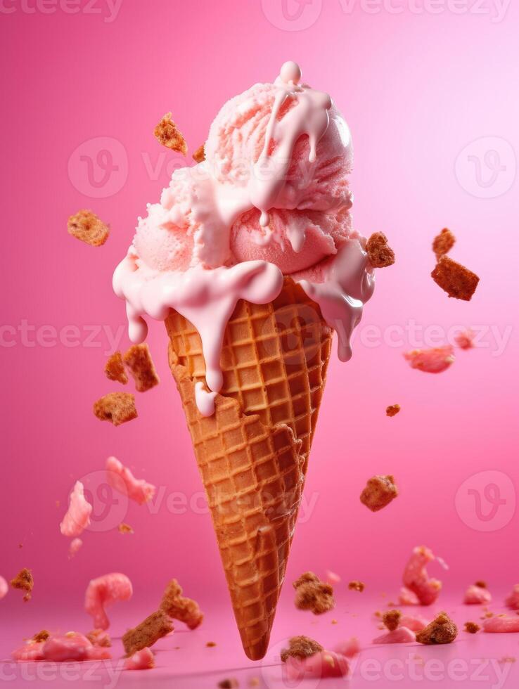 Ice cream in waffle cone, splashes and waffles on pink background. photo