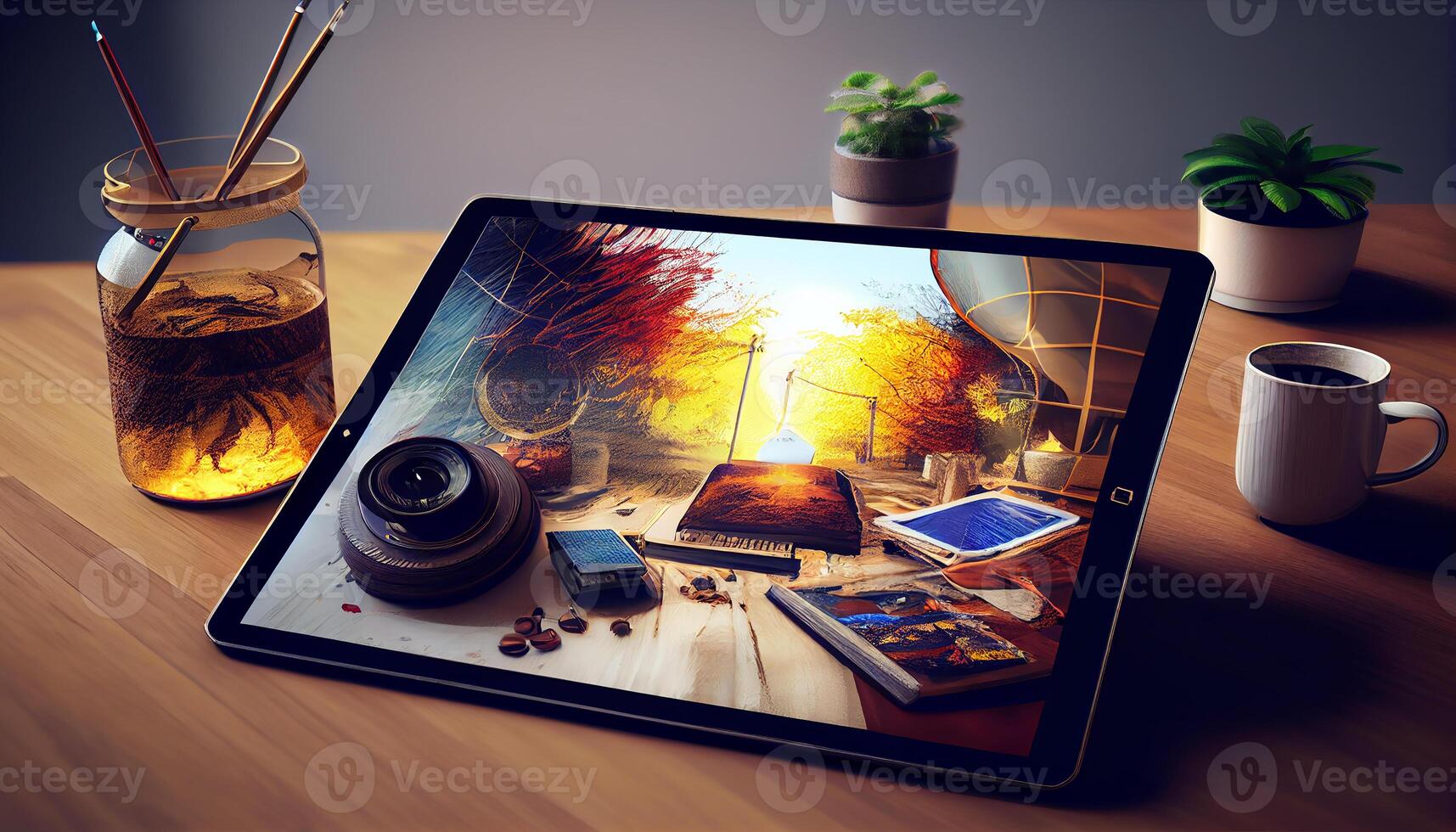 tablet modern technology on a wooden desk indoors , photo