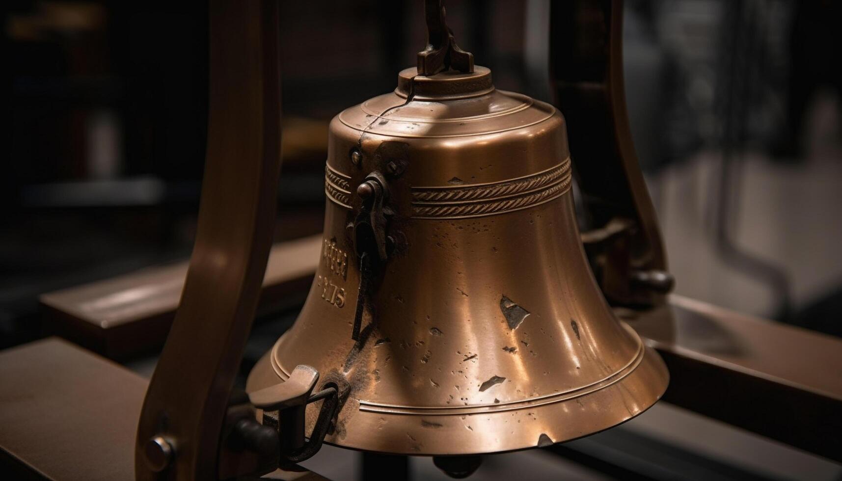 Antique brass handbell hangs as decoration indoors generated by AI photo