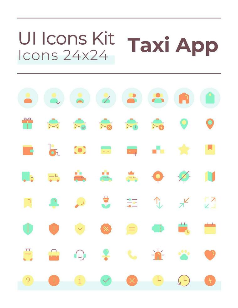 Taxi service flat color ui icons set. Urban vehicle order. Digital technology for business. GUI, UX design for mobile app. Vector isolated RGB pictograms