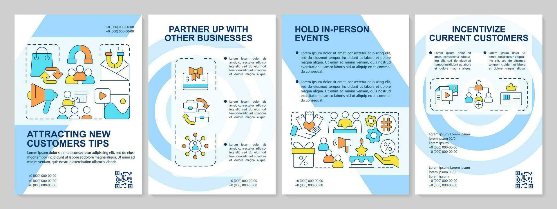 Finding new consumers strategy blue brochure template. Leaflet design with linear icons. Editable 4 vector layouts for presentation, annual reports