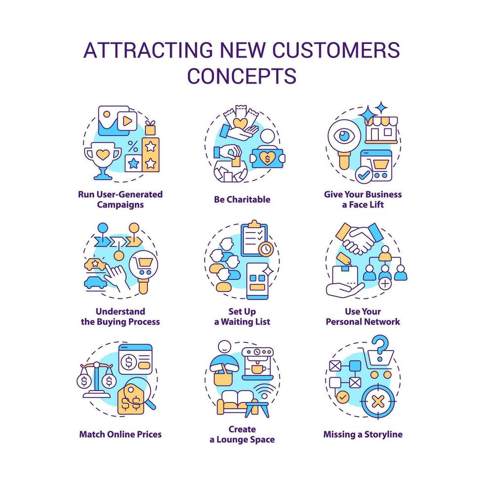 Attracting new customers concept icons set. Marketing strategy. Finding clients idea thin line color illustrations. Isolated symbols. Editable stroke vector
