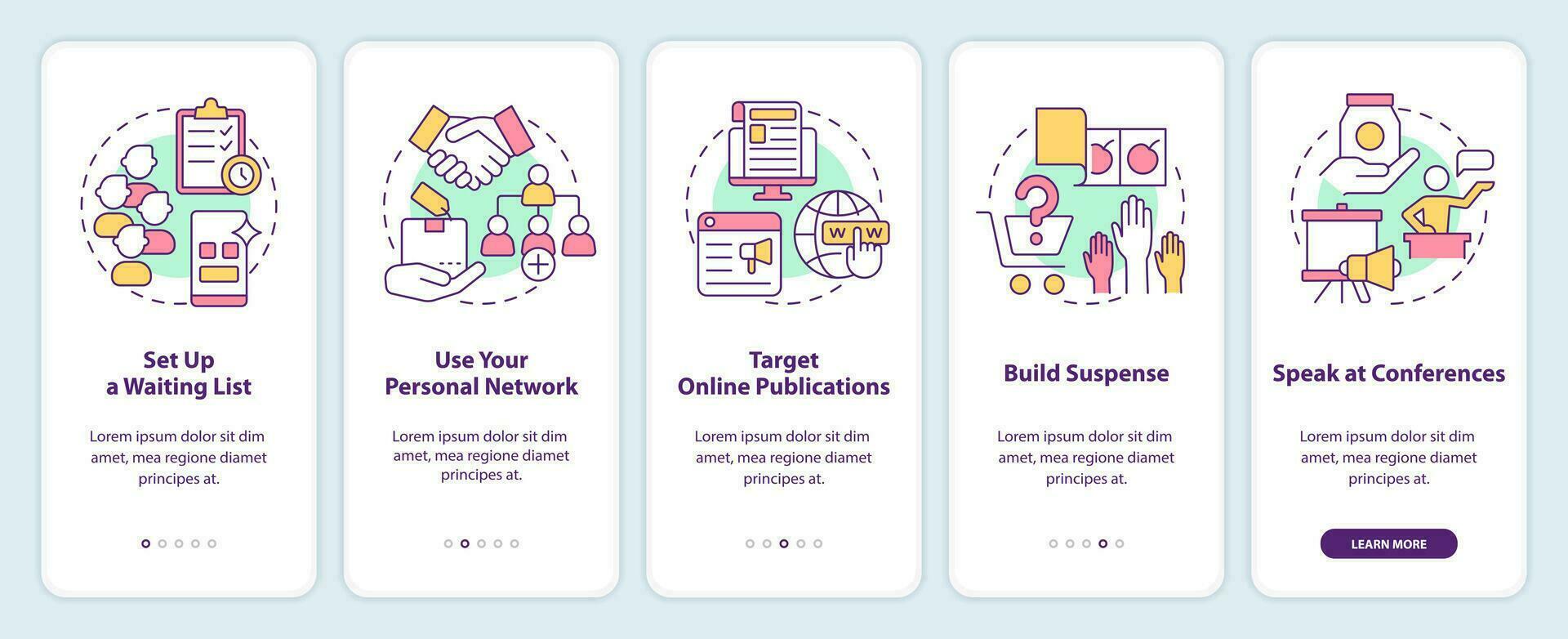 Landing your first customers tricks onboarding mobile app screen. Walkthrough 5 steps editable graphic instructions with linear concepts. UI, UX, GUI template vector