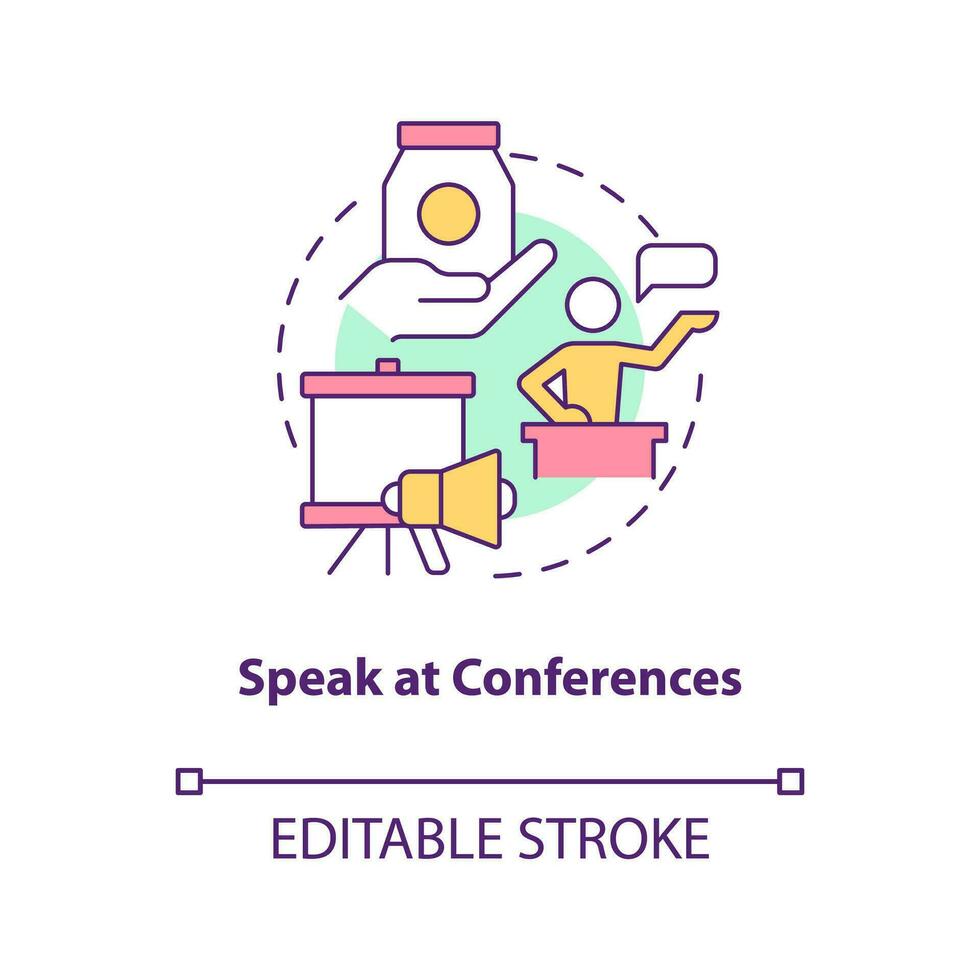 Speak at conferences concept icon. Startup launch. Landing potential customers trick abstract idea thin line illustration. Isolated outline drawing. Editable stroke vector