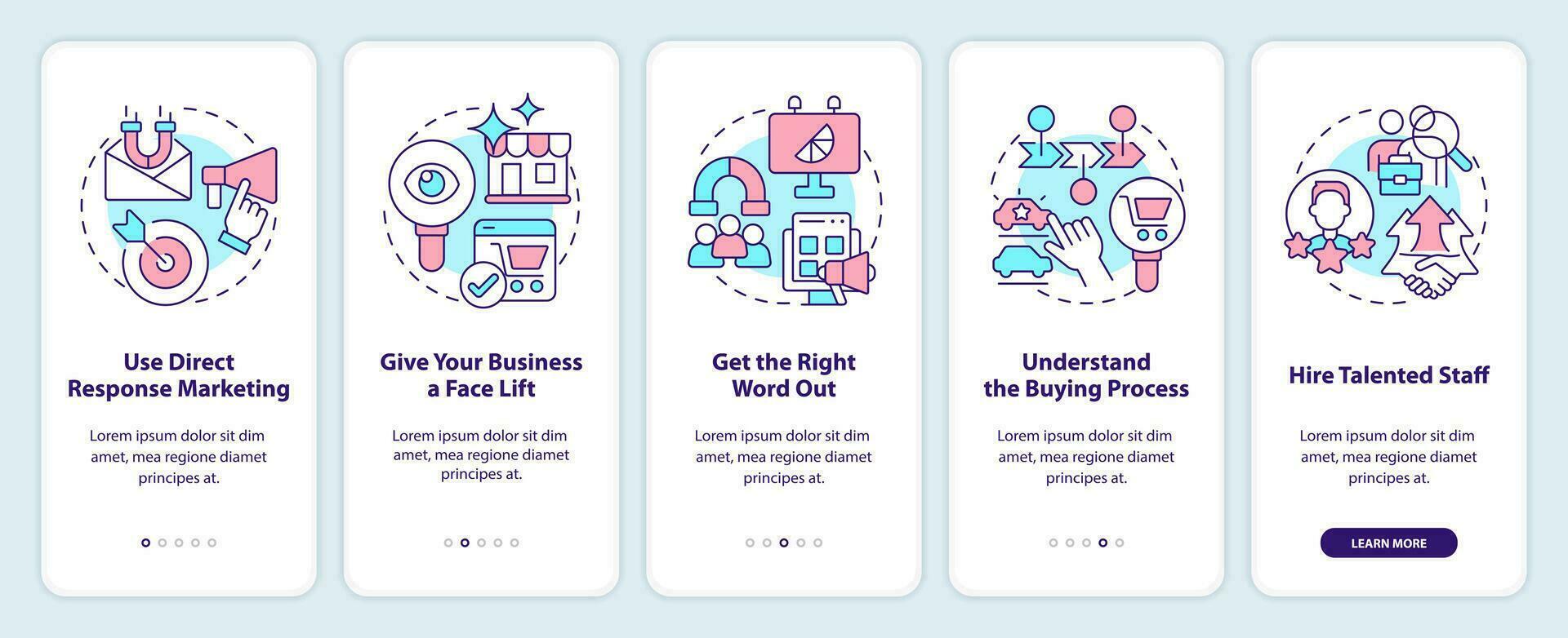 Attracting new customers strategies onboarding mobile app screen. Walkthrough 5 steps editable graphic instructions with linear concepts. UI, UX, GUI template vector