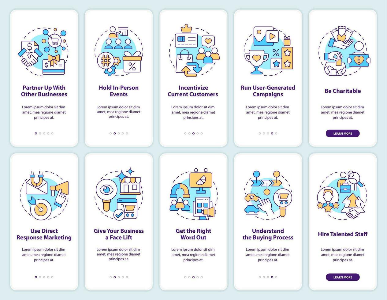 Attract clients to business tips onboarding mobile app screen set. Walkthrough 5 steps editable graphic instructions with linear concepts. UI, UX, GUI template vector