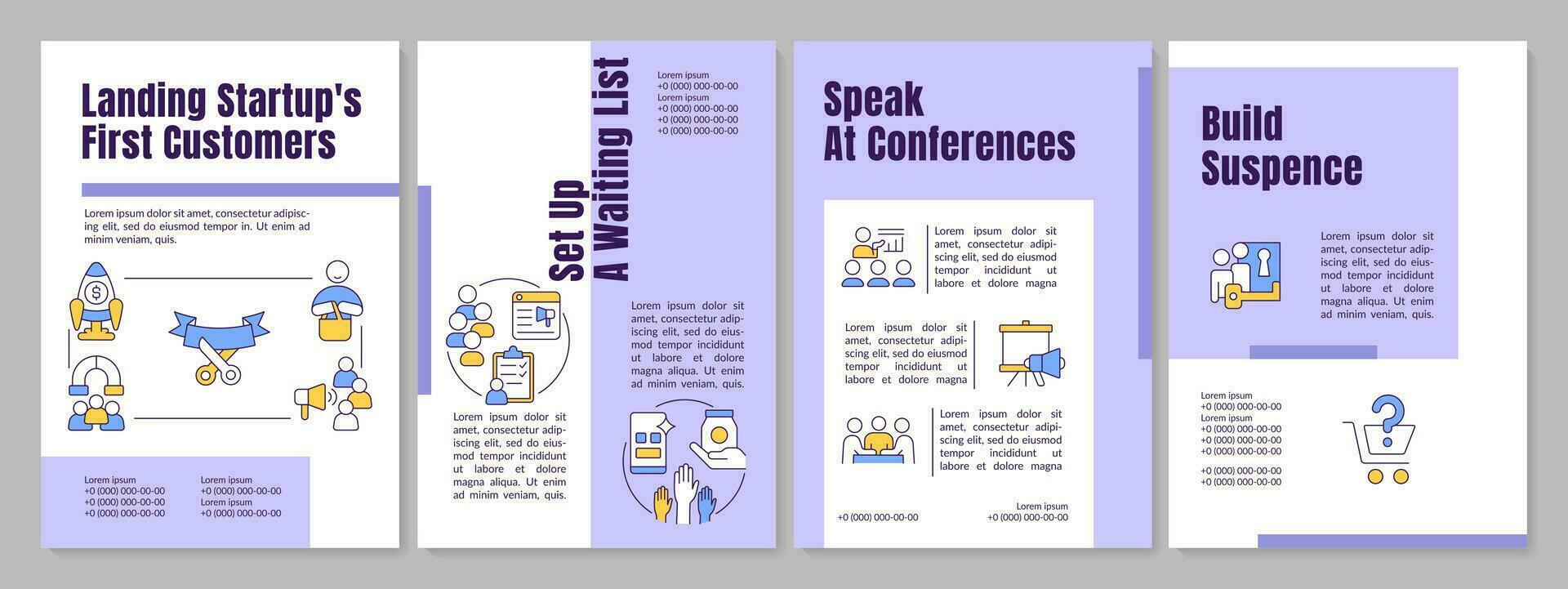 Land new company first clients purple brochure template. Startup launch. Leaflet design with linear icons. Editable 4 vector layouts for presentation, annual reports