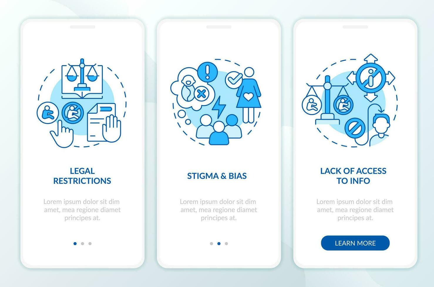 Pro choice barriers blue onboarding mobile app screen. Womens right walkthrough 3 steps editable graphic instructions with linear concepts. UI, UX, GUI template vector