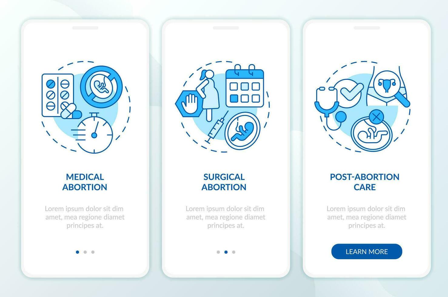 Abortion care blue onboarding mobile app screen. Unwanted pregnancy walkthrough 3 steps editable graphic instructions with linear concepts. UI, UX, GUI template vector