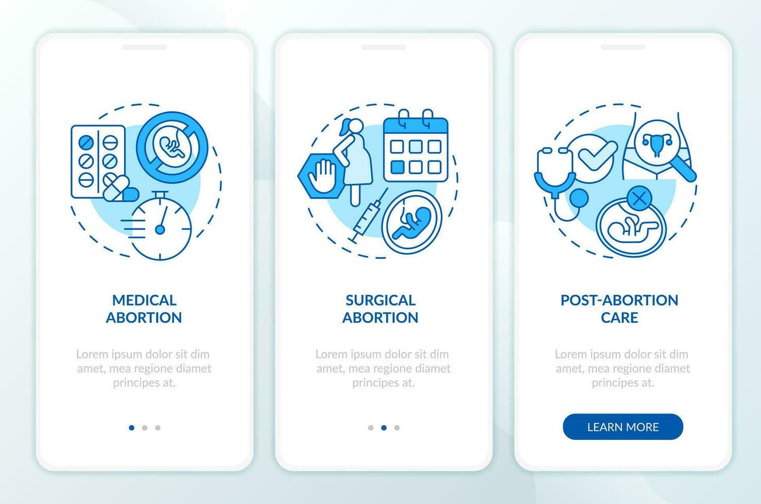aborto cuidado azul inducción móvil aplicación pantalla. no deseado el embarazo recorrido 3 pasos editable gráfico instrucciones con lineal conceptos. ui, ux, gui modelo vector