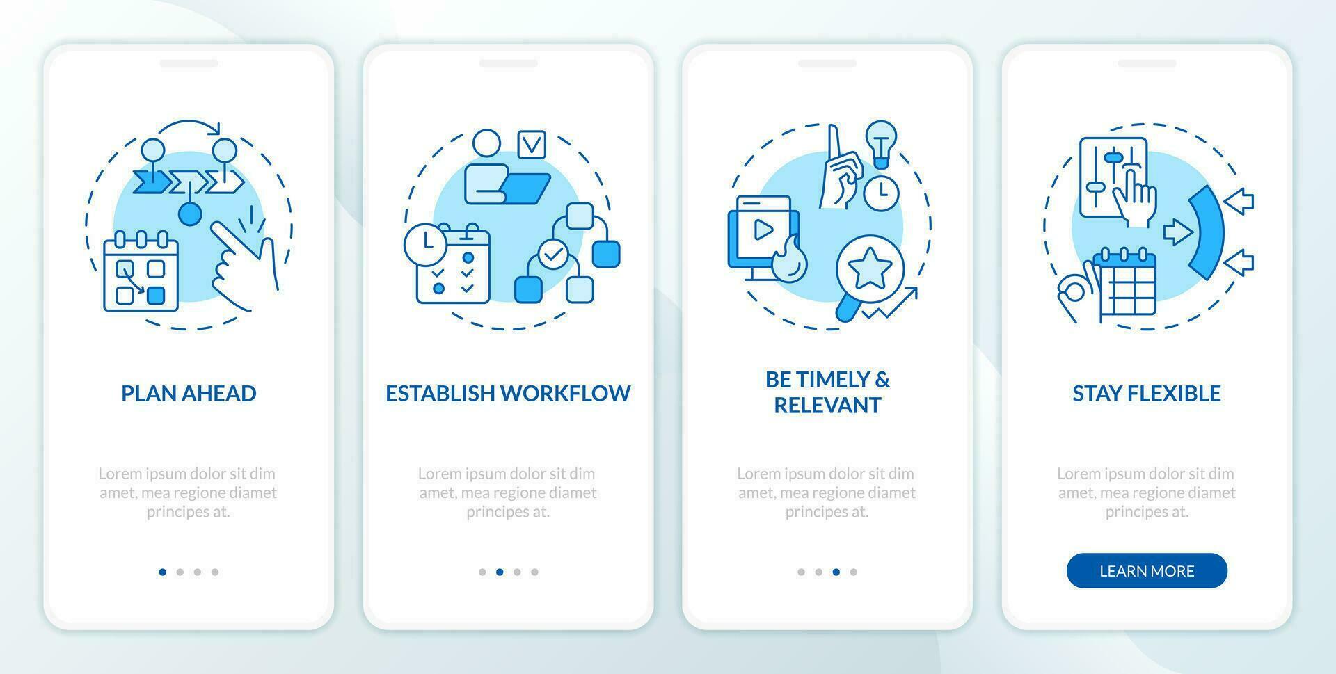 Editorial calendar tips blue onboarding mobile app screen. Content management walkthrough 4 steps editable graphic instructions with line concepts. UI, UX template vector