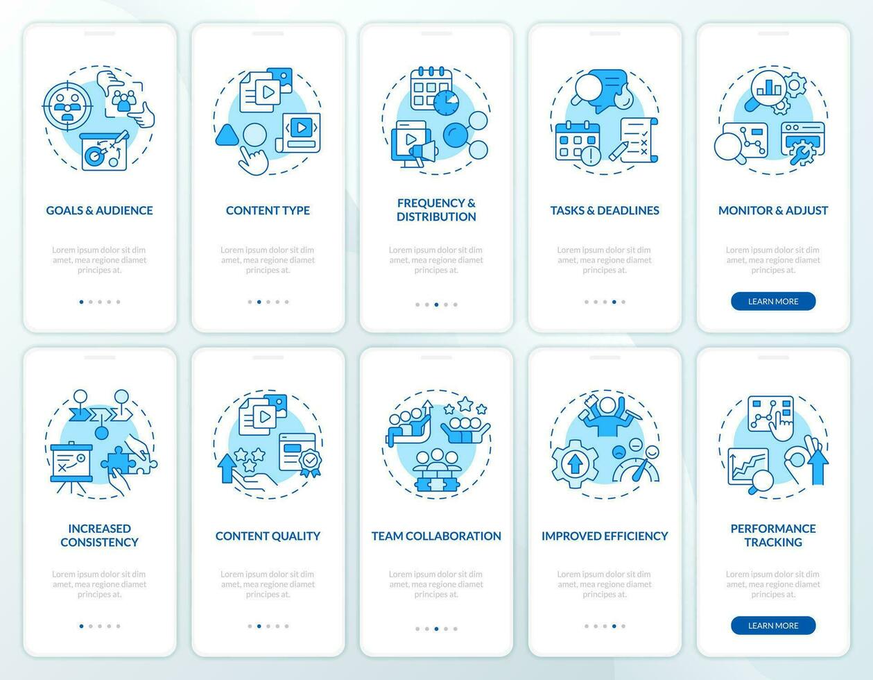 Editorial calendar blue onboarding mobile app screen set. Social media walkthrough 5 steps editable graphic instructions with linear concepts. UI, UX, GUI template vector
